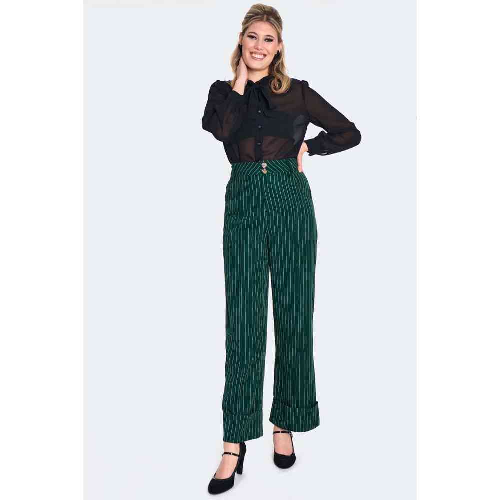 Voodoo Vixen - Green Pinstripe Turn Up Wijde broek - Groen